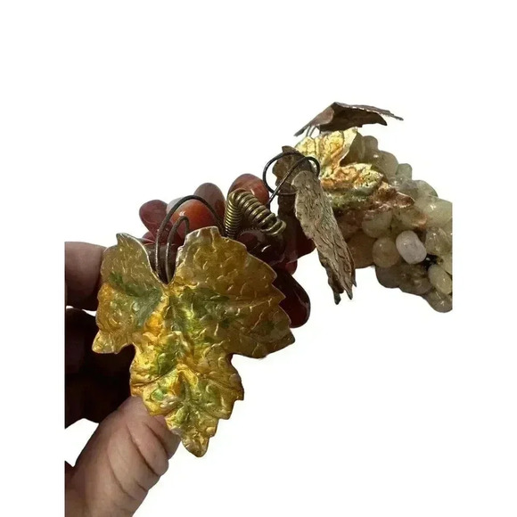 Set Of 2 Vintage Grape Bunch Polished Stones Agate And Quartz w/Copper Leaves - Picture 5 of 7